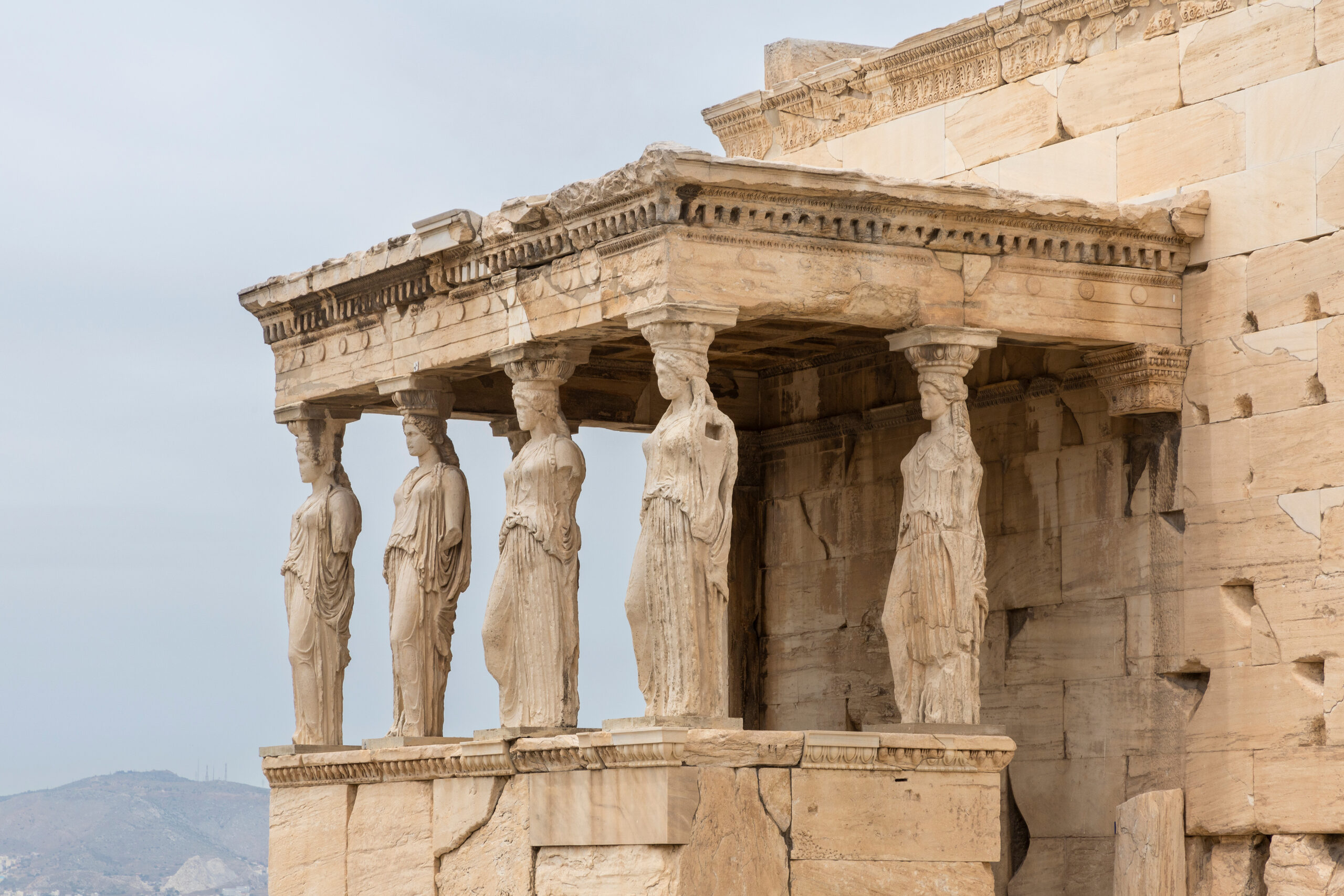 Ancient Greek caryatid statues at the Acropolis in Athens