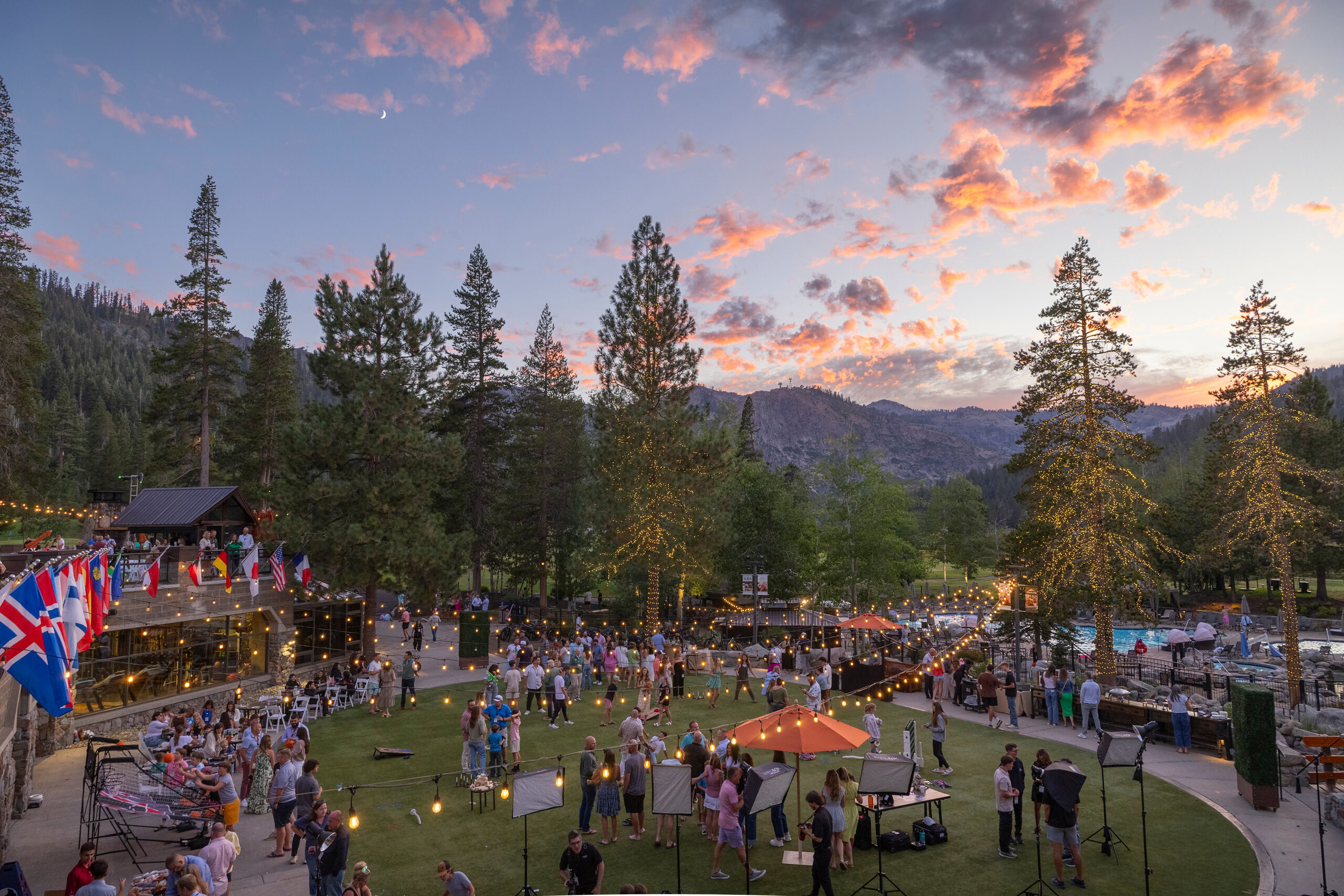Outdoor evening event at Lake Tahoe resort with mountain views