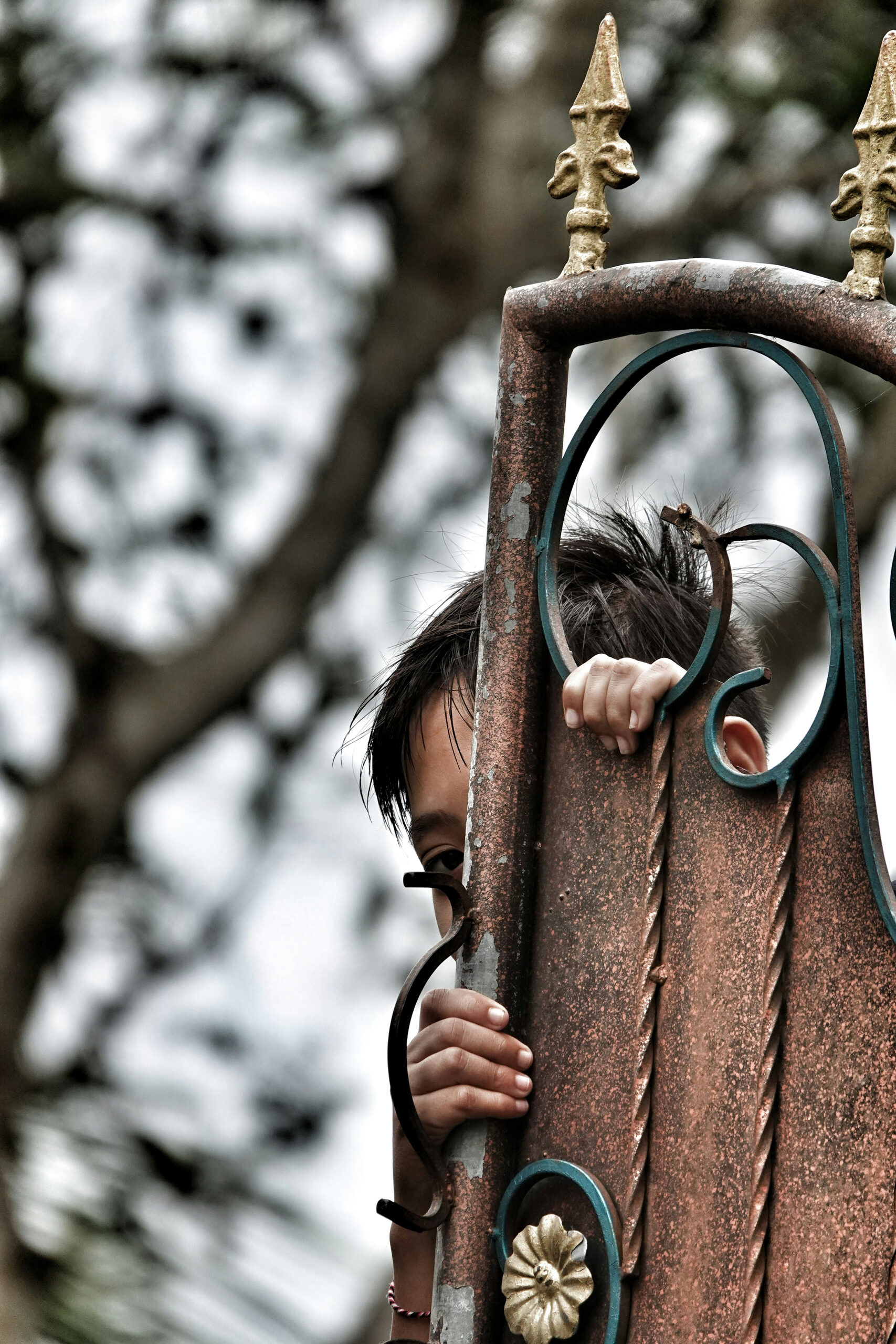 Child looking through iron gate, representing victims of human trafficking